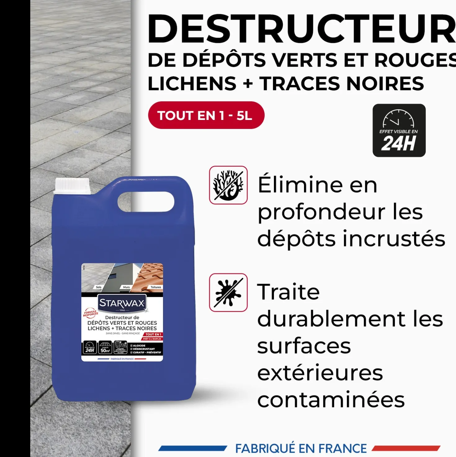 Destructeur de dépôts verts, rouges, lichens et traces noires prêt à l'emploi pour toitures, murs et sols extérieurs