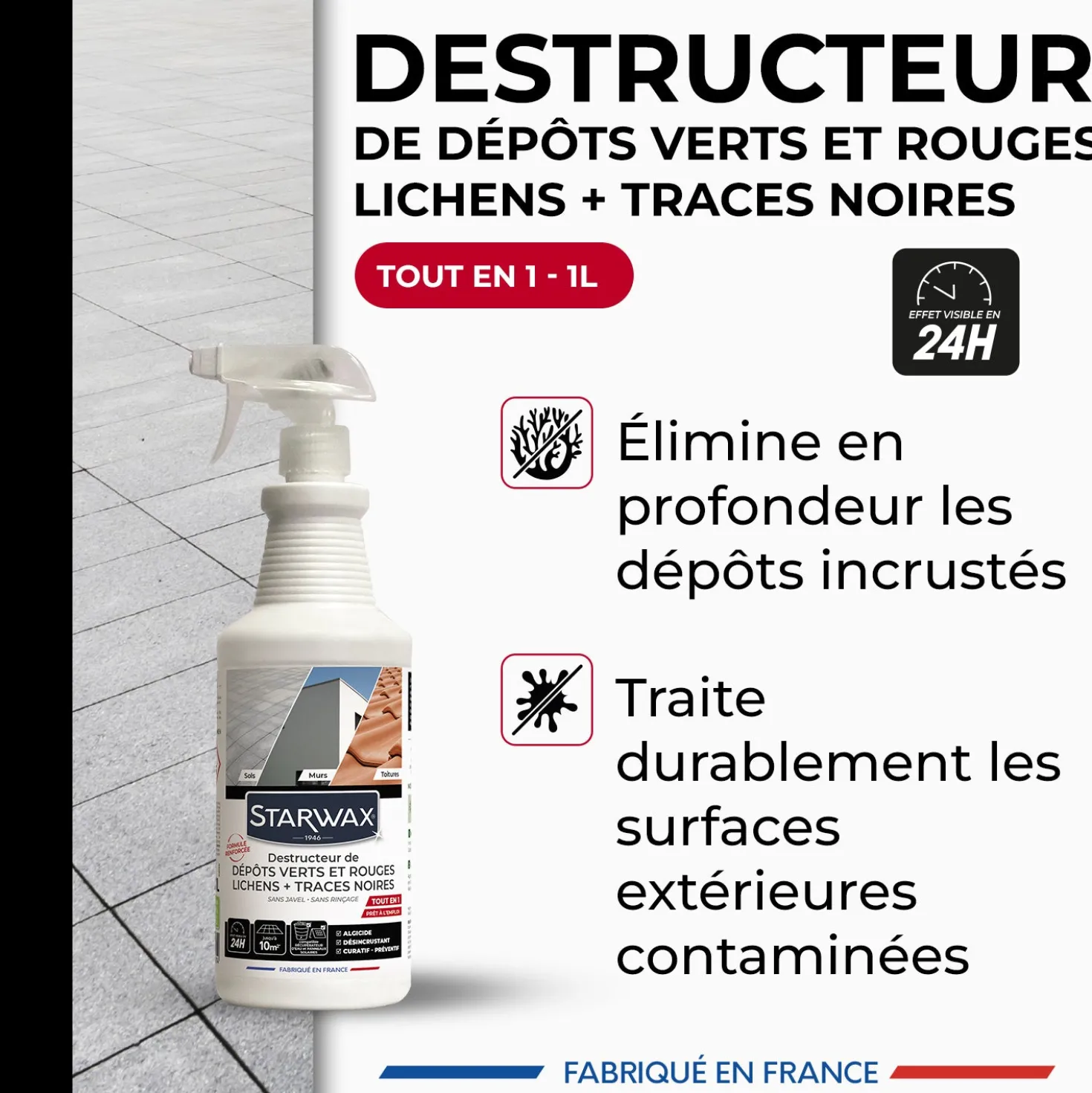 Destructeur de dépôts verts, rouges, lichens et traces noires prêt à l'emploi pour toitures, murs et sols extérieurs