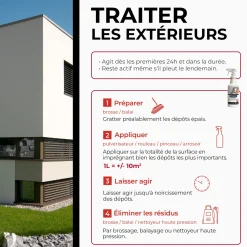 Destructeur de dépôts verts, rouges, lichens et traces noires prêt à l'emploi pour toitures, murs et sols extérieurs