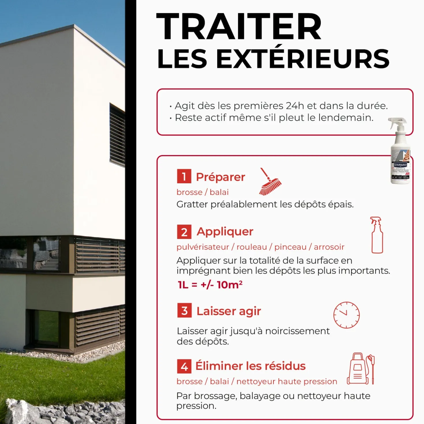 Destructeur de dépôts verts, rouges, lichens et traces noires prêt à l'emploi pour toitures, murs et sols extérieurs