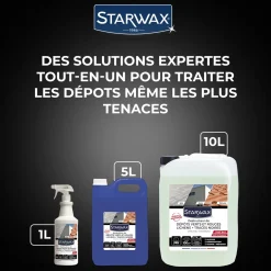 Destructeur de dépôts verts, rouges, lichens et traces noires prêt à l'emploi pour toitures, murs et sols extérieurs