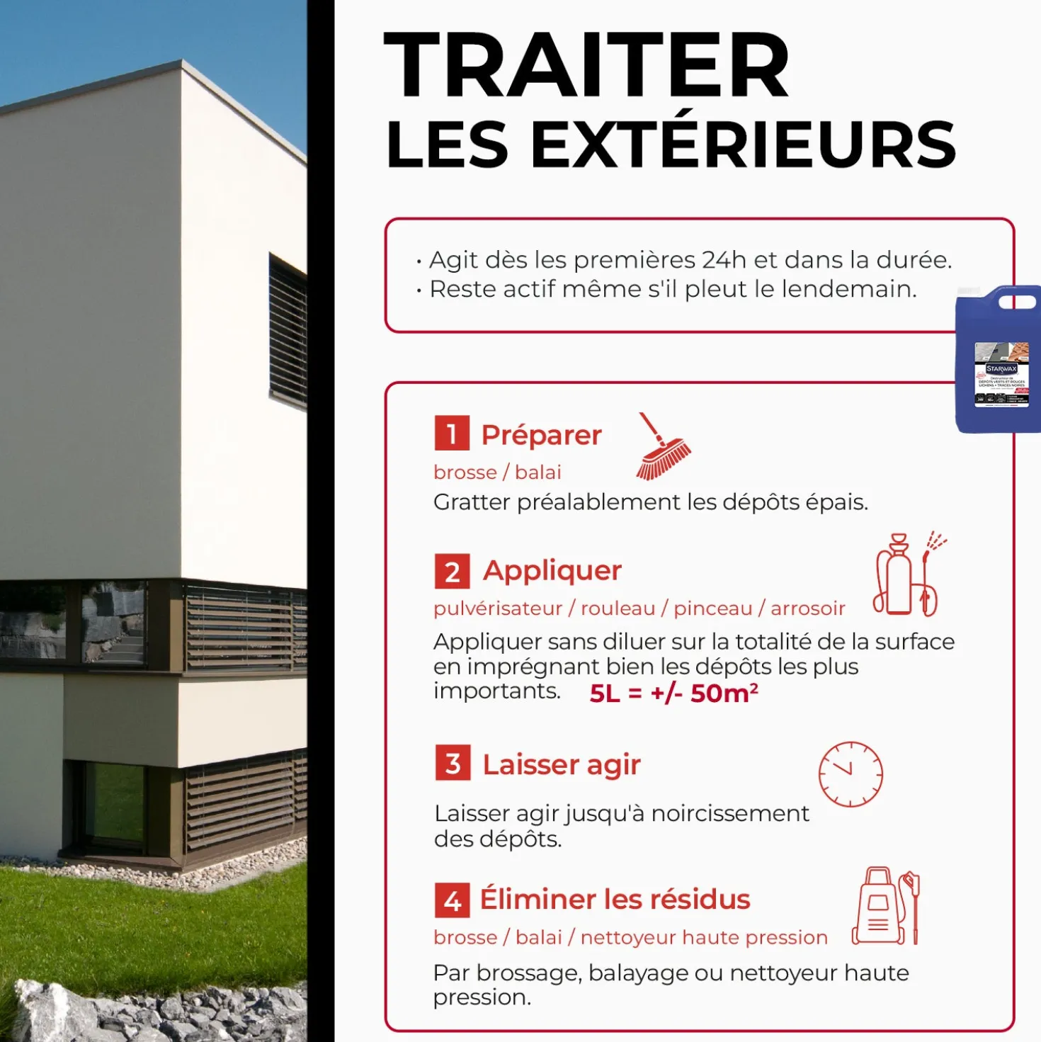 Destructeur de dépôts verts, rouges, lichens et traces noires prêt à l'emploi pour toitures, murs et sols extérieurs