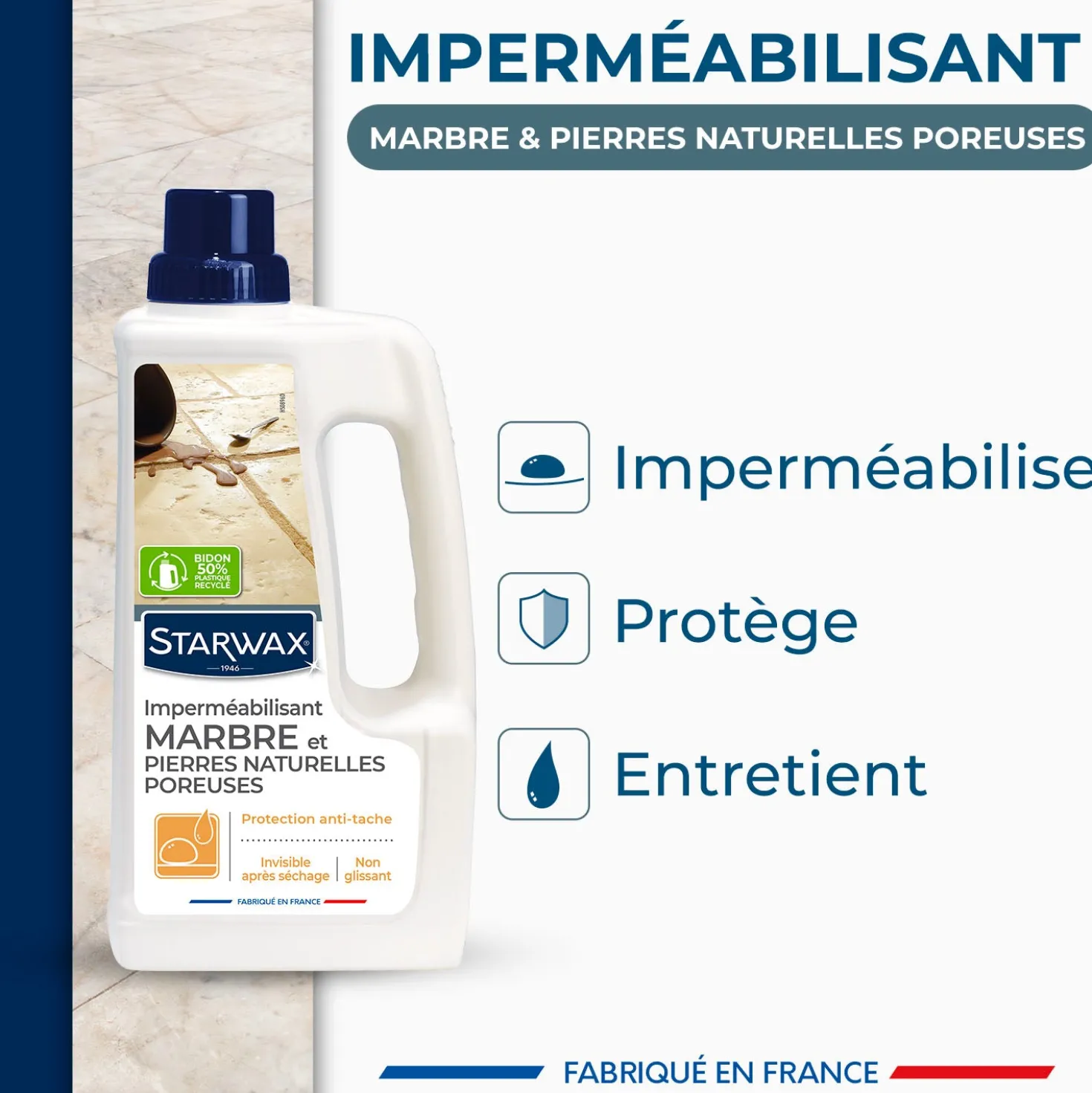 Imperméabilisant marbre et pierres naturelles poreuses - protection invisible