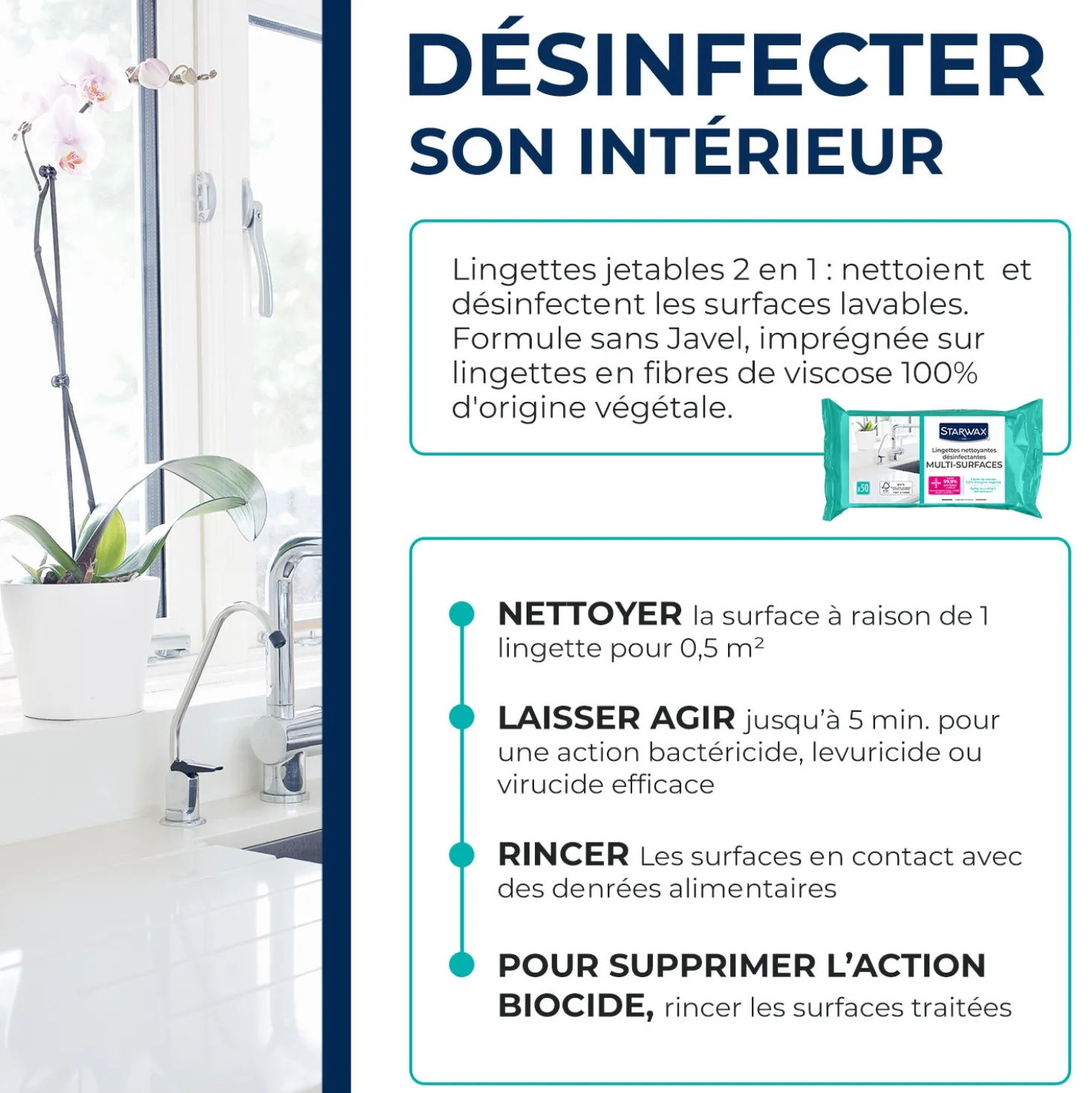 Lingettes nettoyantes désinfectantes multi-surfaces