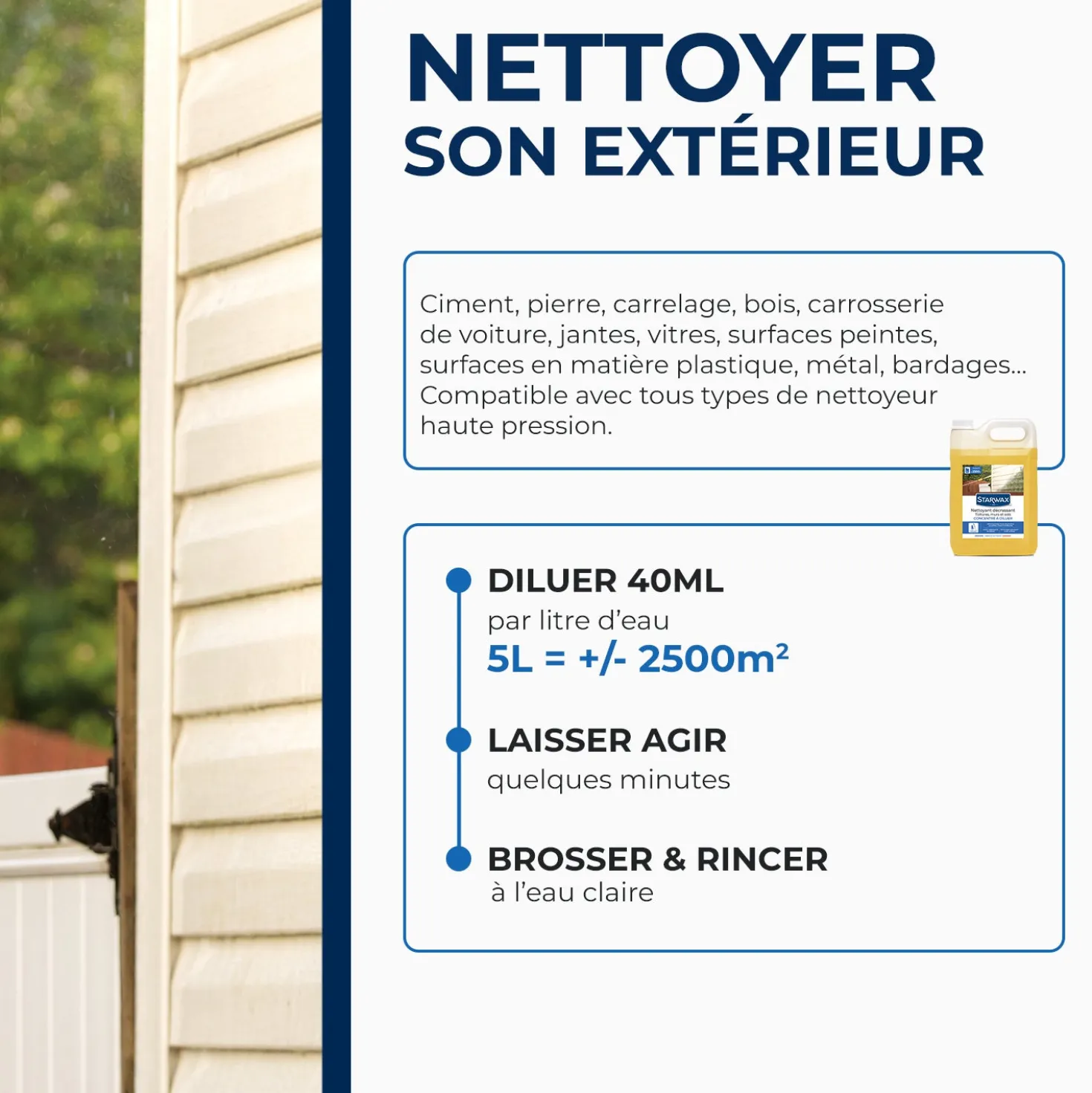 Nettoyant décrassant pour toitures, murs, et sols extérieurs