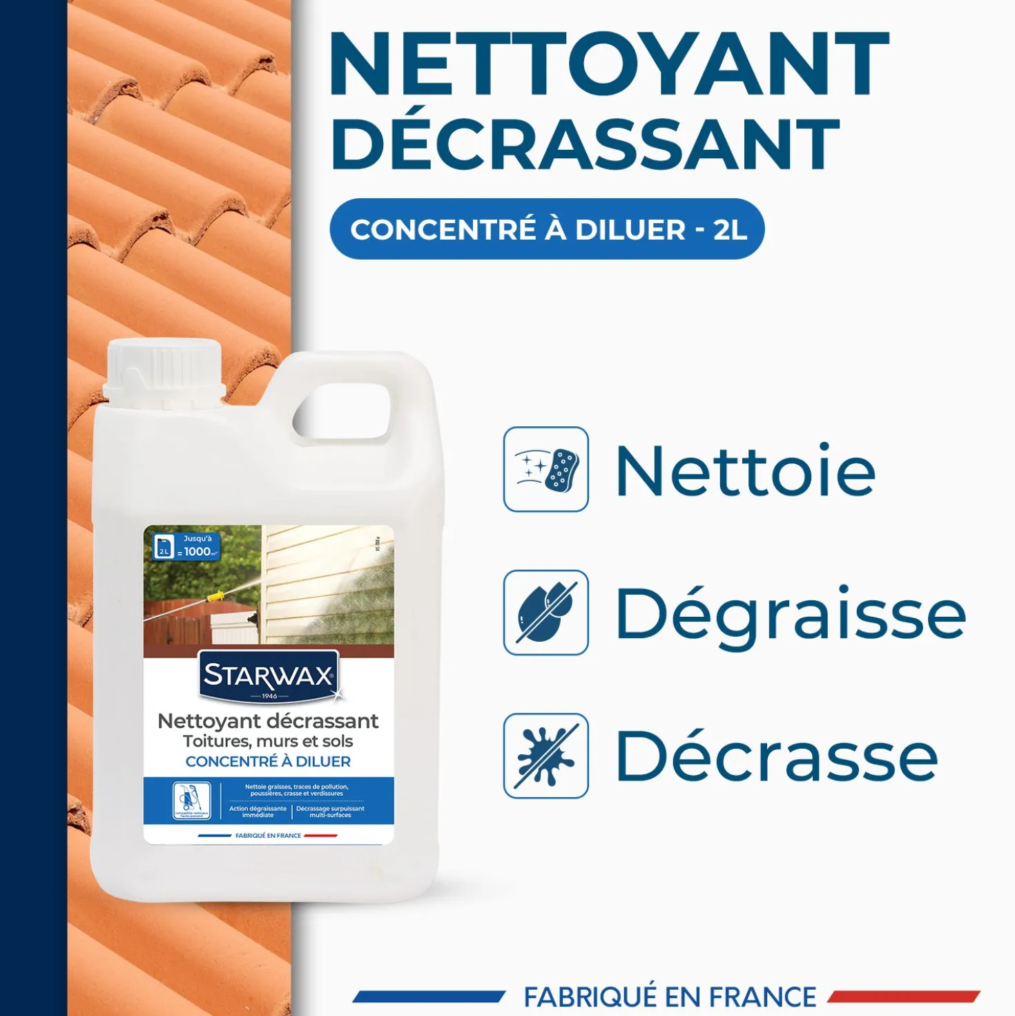 Nettoyant décrassant pour toitures, murs, et sols extérieurs