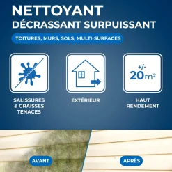 Nettoyant décrassant pour toitures, murs, et sols extérieurs