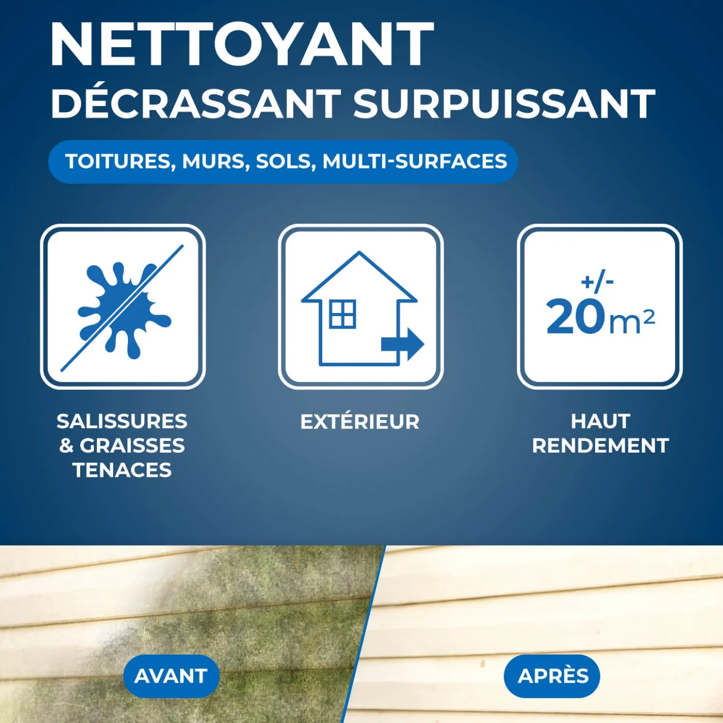 Nettoyant décrassant pour toitures, murs, et sols extérieurs