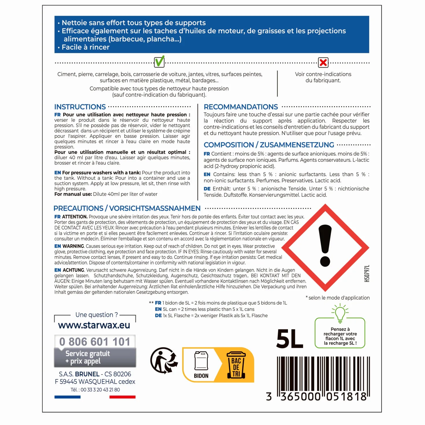 Nettoyant décrassant pour toitures, murs, et sols extérieurs