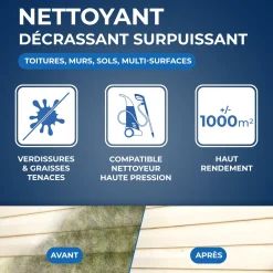 Nettoyant décrassant pour toitures, murs, et sols extérieurs
