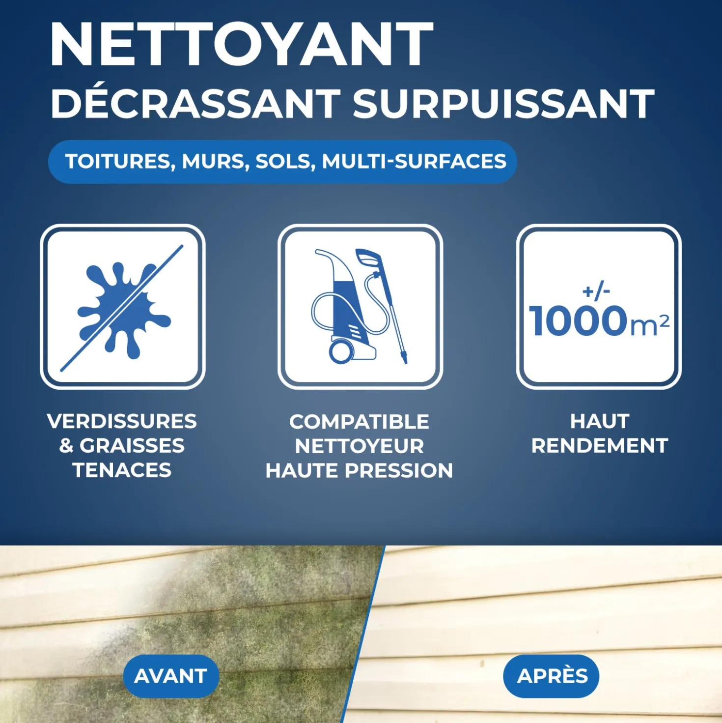 Nettoyant décrassant pour toitures, murs, et sols extérieurs