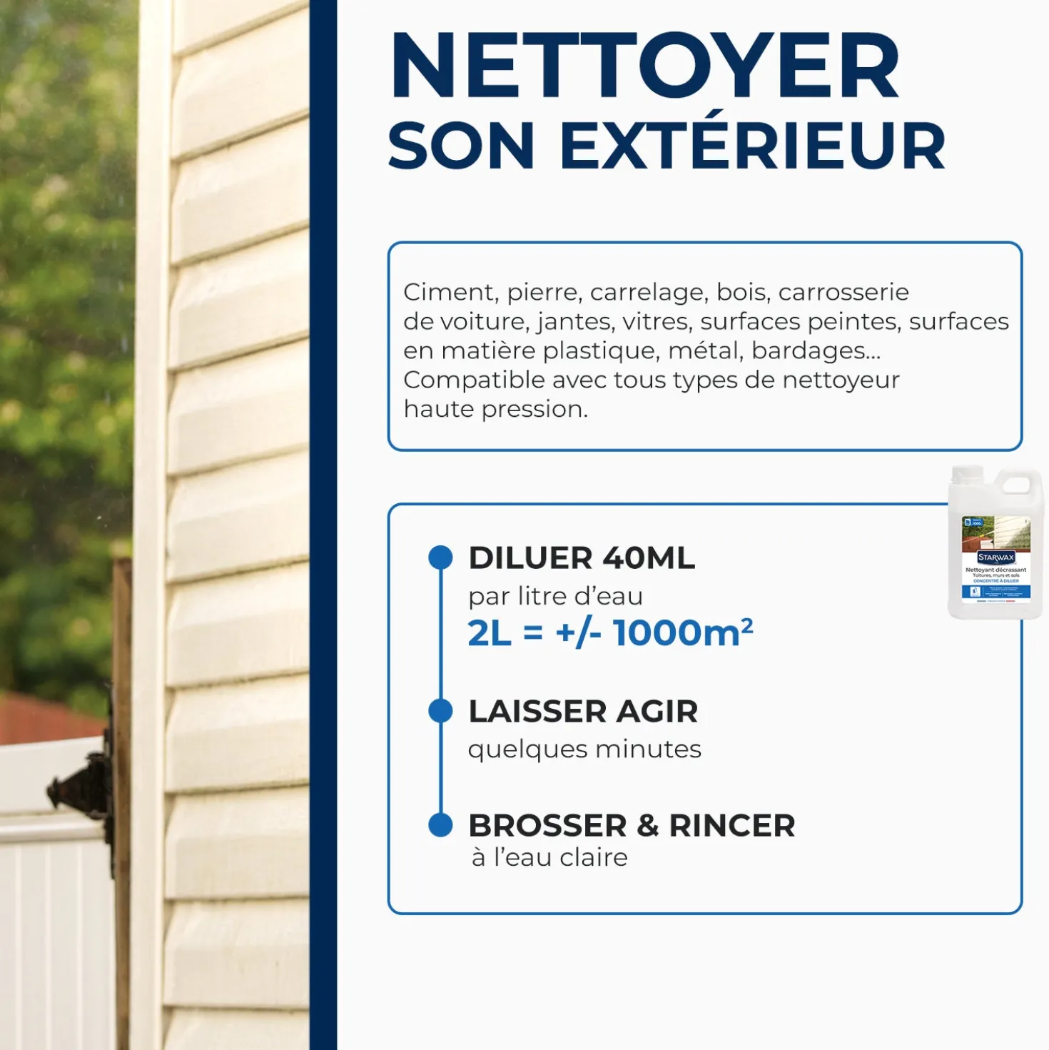 Nettoyant décrassant pour toitures, murs, et sols extérieurs