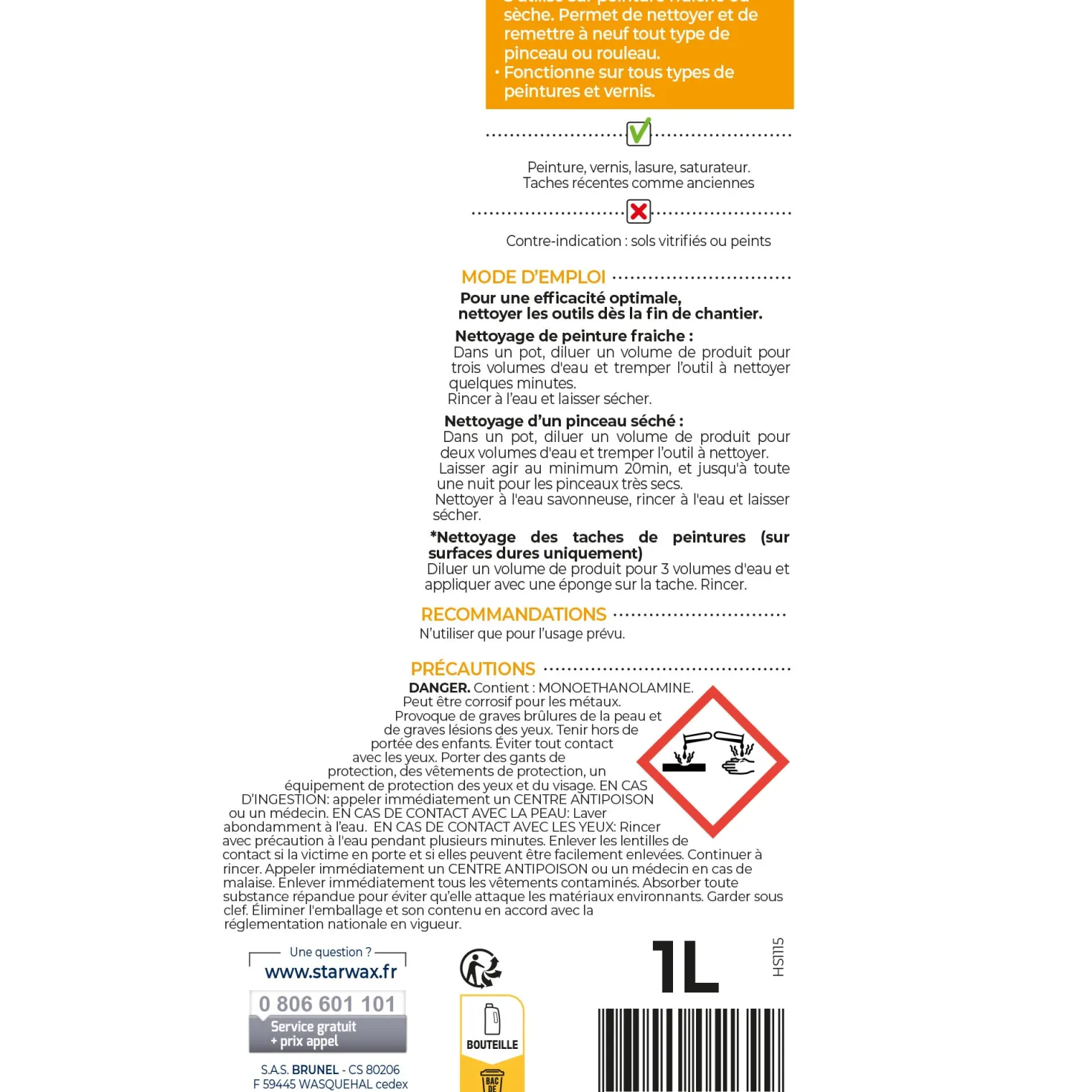 Nettoyant rénovateur pinceaux, rouleaux et outils 1L