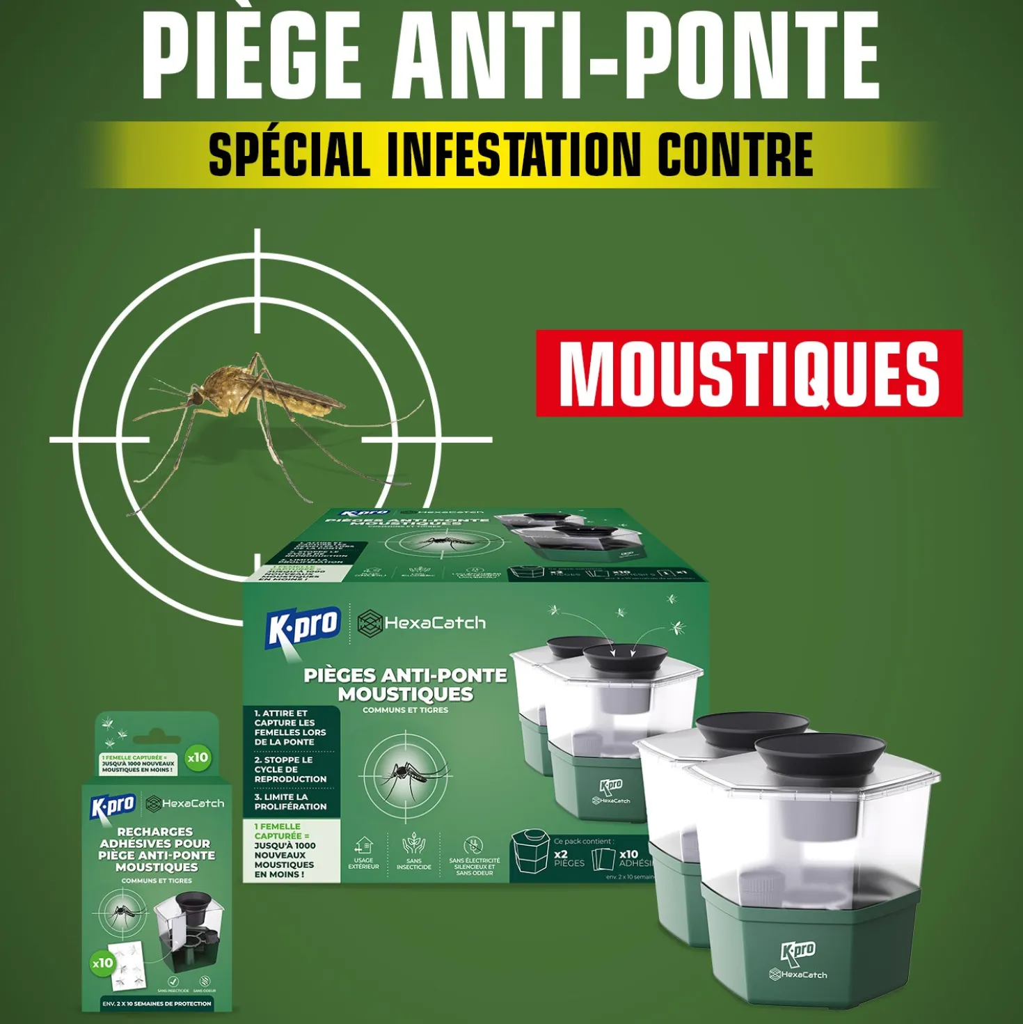 Pack de 2 Pièges anti-ponte moustiques communs et tigres+ 10 adhésifs
