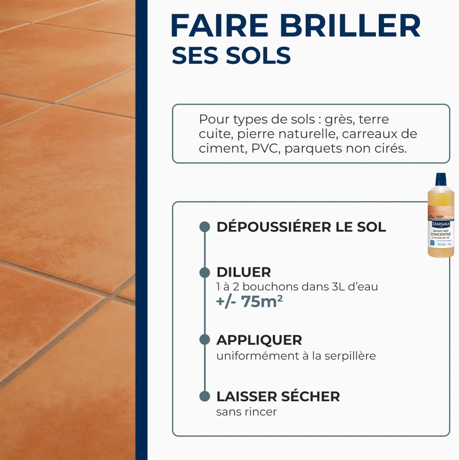 Savon noir à l'huile de lin pour les sols intérieurs