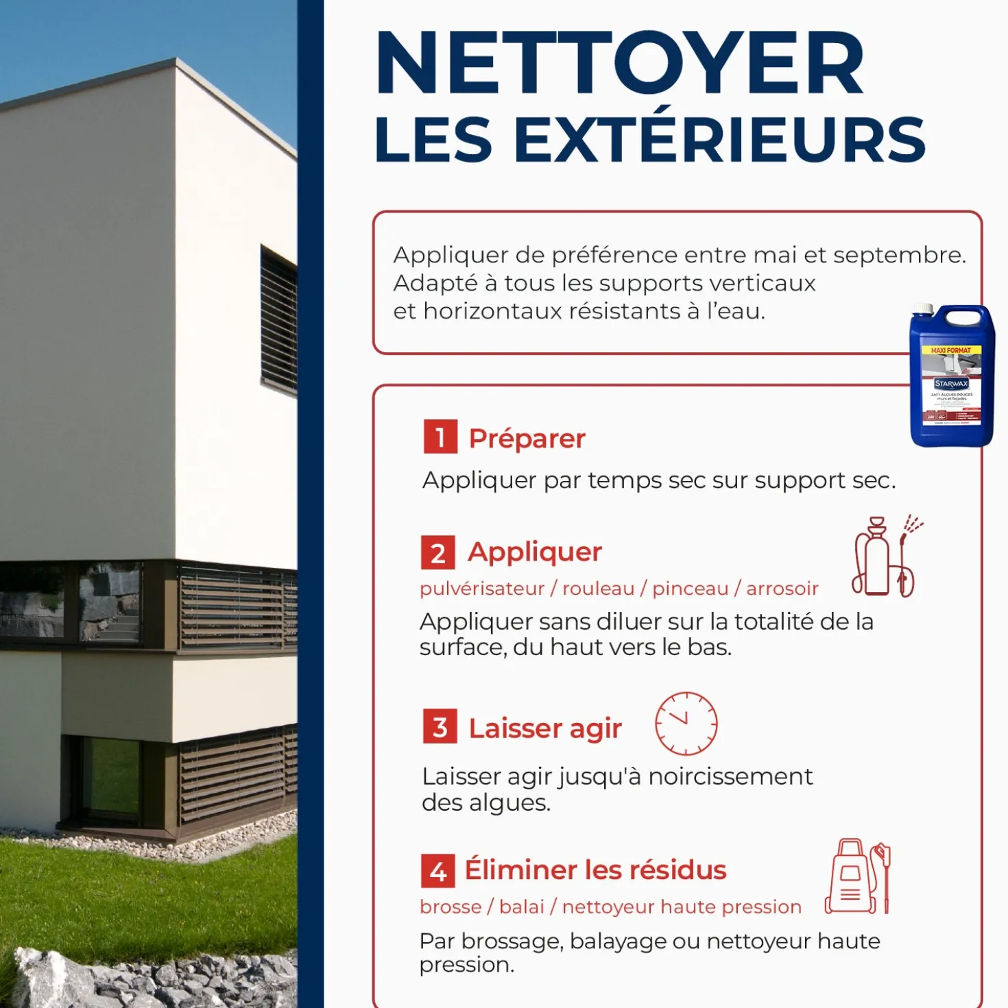 Traitement anti-algues rouges prêt à l'emploi pour murs et façades